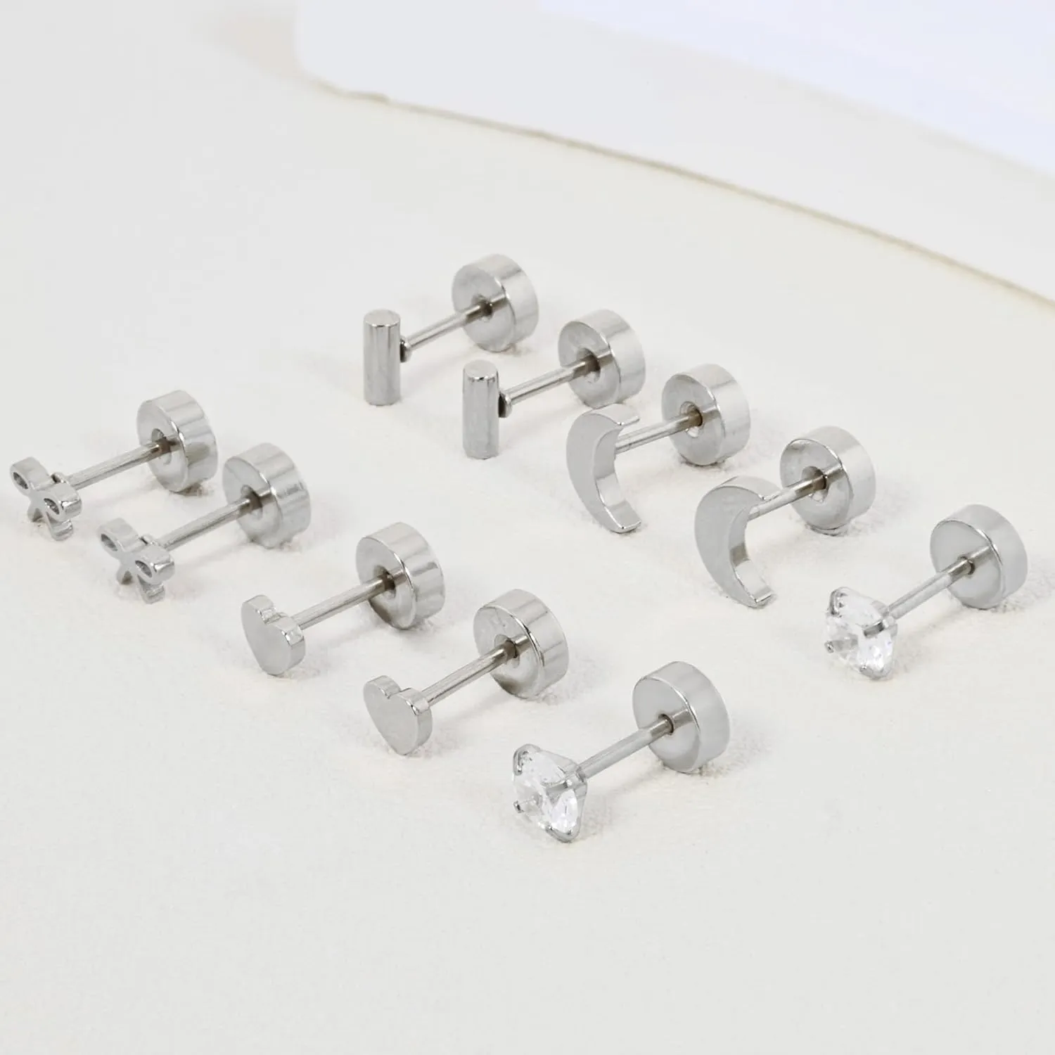 Screw Back Earrings for Women, Silver Flat Back Stud Earrings Hypoallergenic Surgical Steel Small CZ Stud Heart Bar Bow Cartilage Earring Sets for Tragus Helix Multiple Piercing