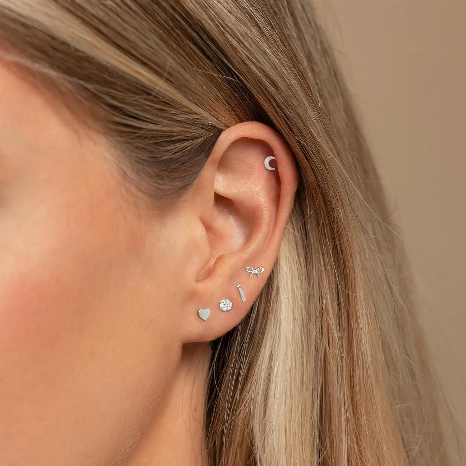 Screw Back Earrings for Women, Silver Flat Back Stud Earrings Hypoallergenic Surgical Steel Small CZ Stud Heart Bar Bow Cartilage Earring Sets for Tragus Helix Multiple Piercing