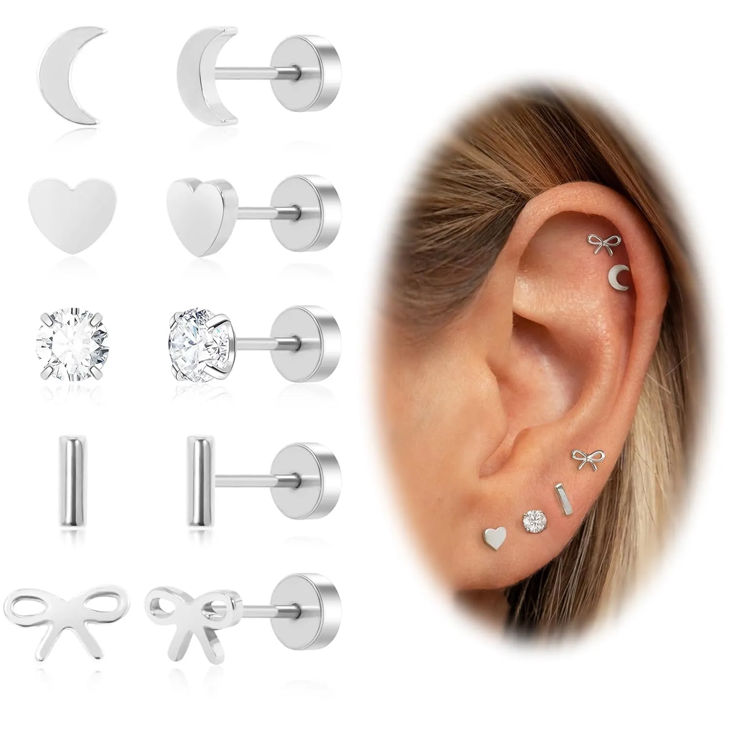 Screw Back Earrings for Women, Silver Flat Back Stud Earrings Hypoallergenic Surgical Steel Small CZ Stud Heart Bar Bow Cartilage Earring Sets for Tragus Helix Multiple Piercing