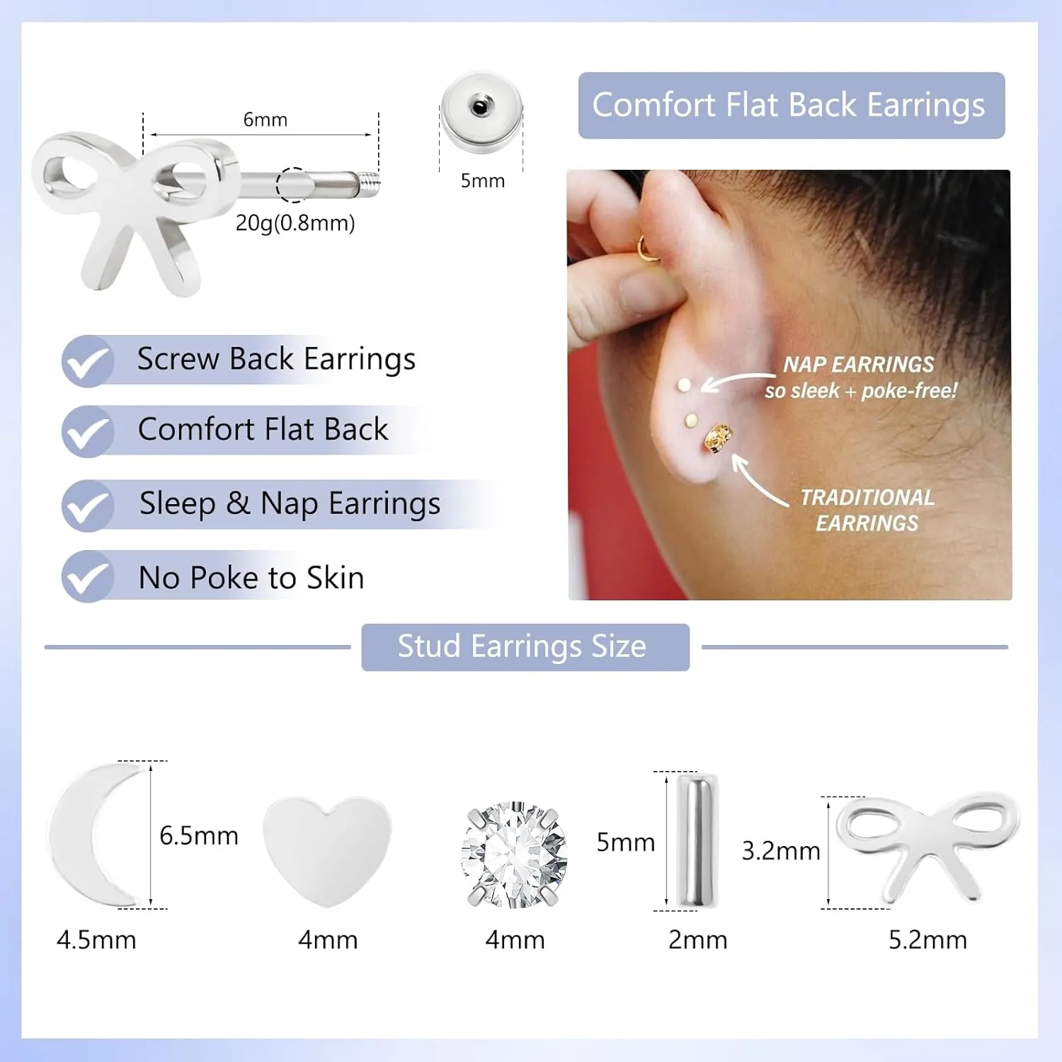 Screw Back Earrings for Women, Silver Flat Back Stud Earrings Hypoallergenic Surgical Steel Small CZ Stud Heart Bar Bow Cartilage Earring Sets for Tragus Helix Multiple Piercing