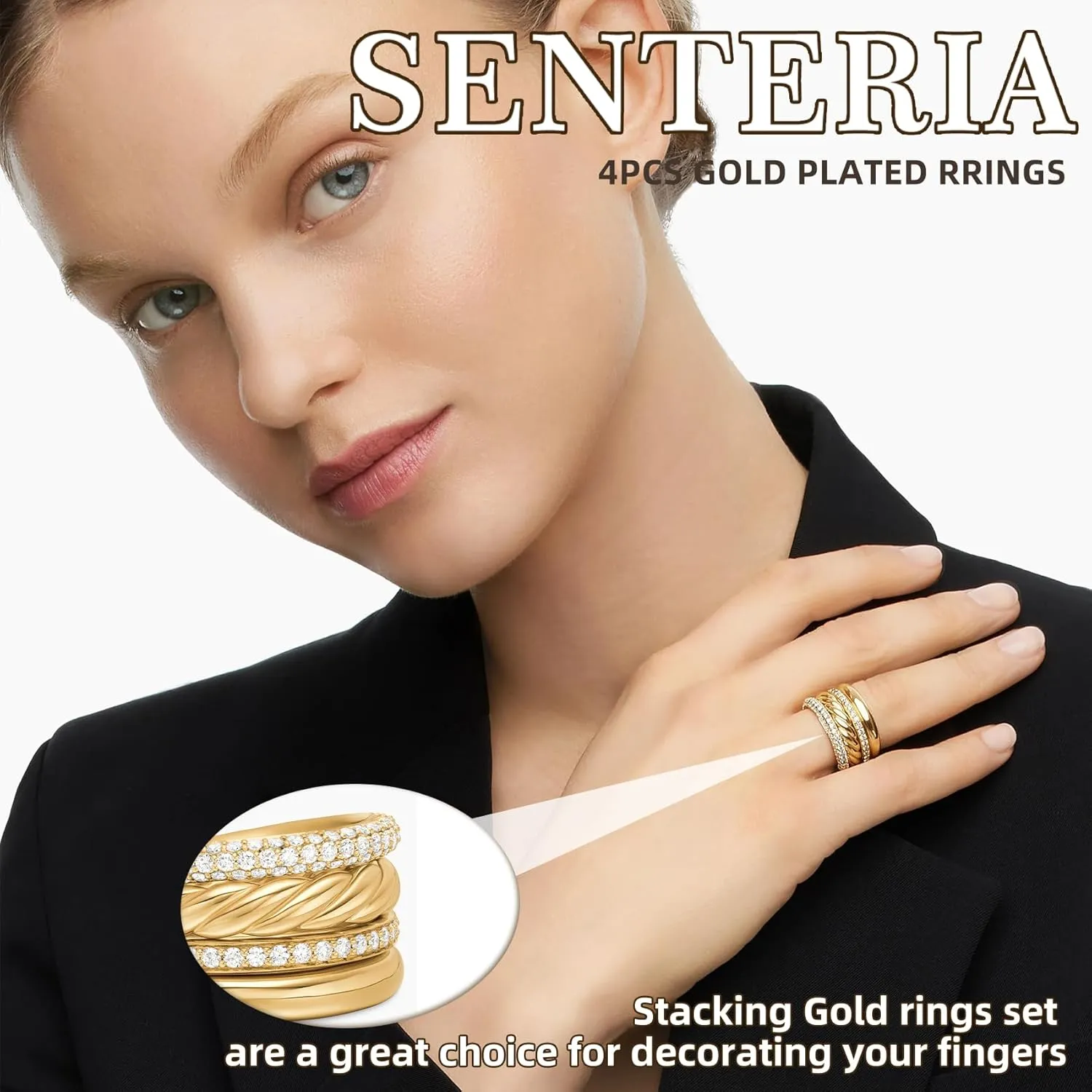 Senteria 4Pcs Silver Stackable Rings for Women Adjustable Chunky Sterling Silver Thumb Rings Set Waterproof Cubic Zirconia Ring for Women Non Tarnish