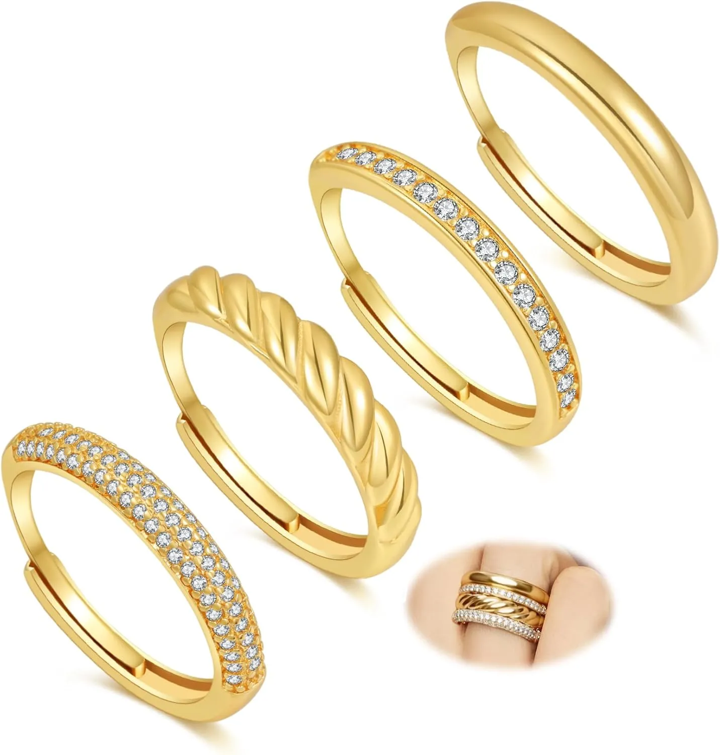 Senteria 4Pcs Silver Stackable Rings for Women Adjustable Chunky Sterling Silver Thumb Rings Set Waterproof Cubic Zirconia Ring for Women Non Tarnish