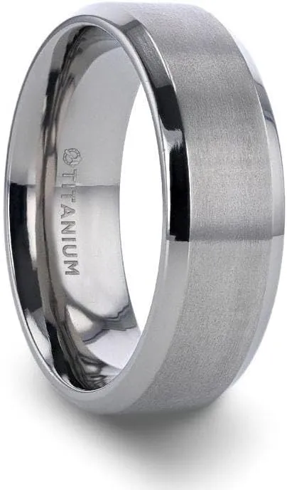 SHIRE Titanium Mens Wedding Ring  Brushed Flat Center with Polished Beveled Edges  Comfort Fit  Lightweight, Durable, and Timeless Mens Wedding Band