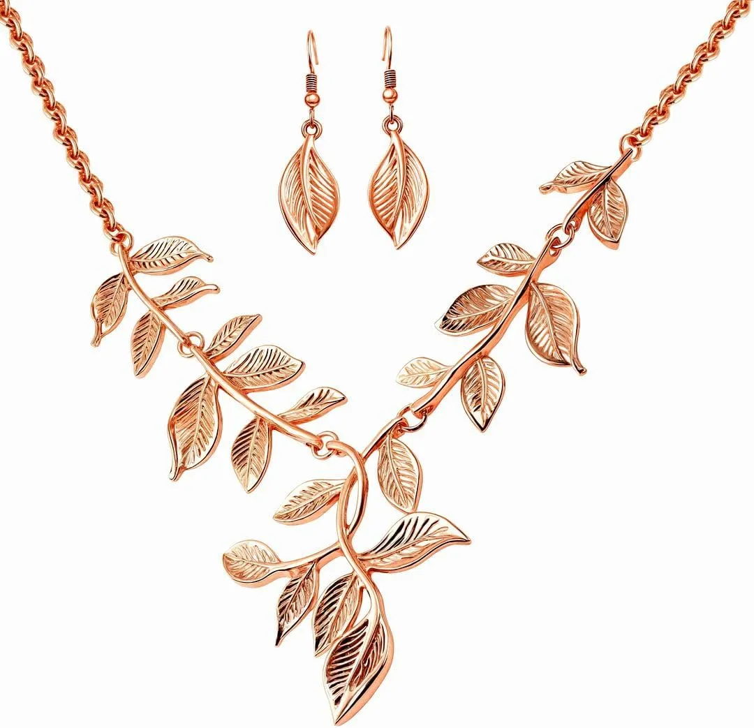Shop LC ION Plated Gold Necklace Set - Gold Leaf Necklace and Earrings Set - Floral Costume Jewelry for Women Valentines Day Birthday Gifts for Women - 20 Inches