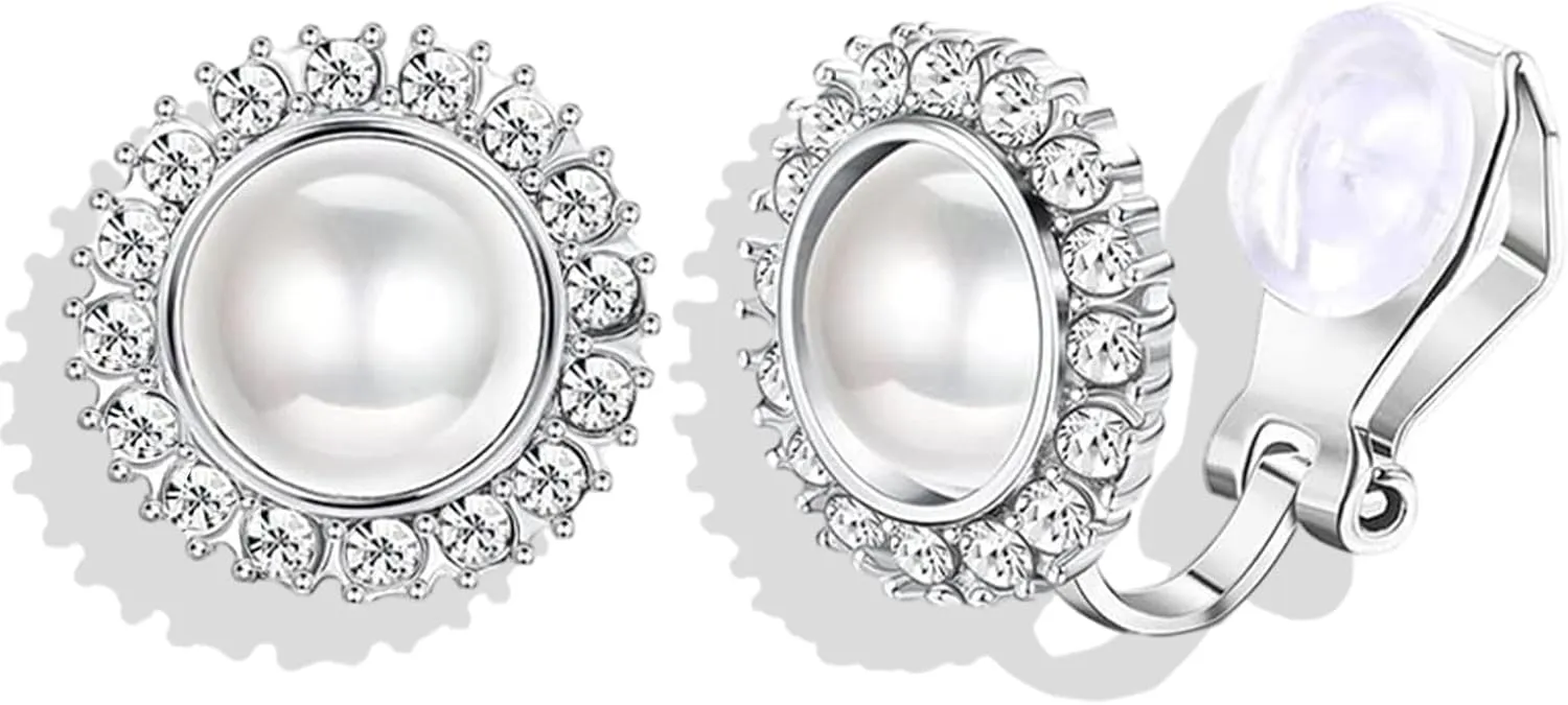Silver Clip On Cubic Earrings Zirconia Crystal Clip On Stud Earrings Round Non Pierced Earrings for Women