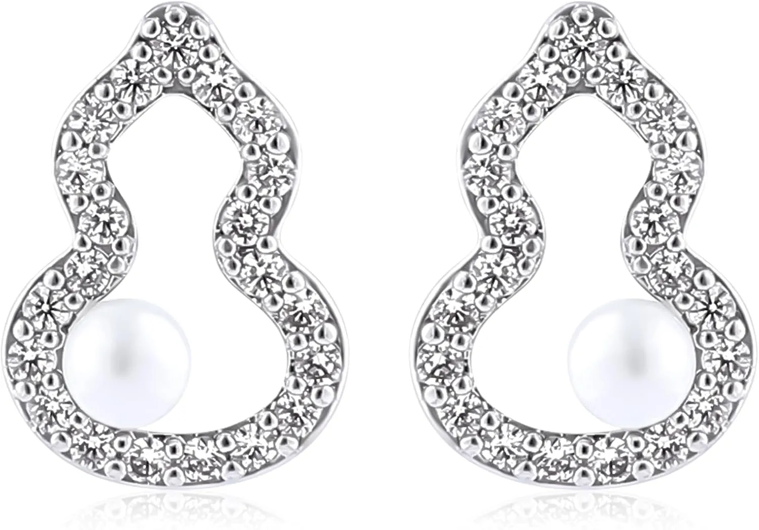 Silver Cubic Zirconia Pearl Gourd Earrings for Women 14K White Gold Plated Hollow Gourd Stud Earrings Elegant Simulated White Pearl Statement Earrings Calabash Trendy Party Jewelry Gifts for Women