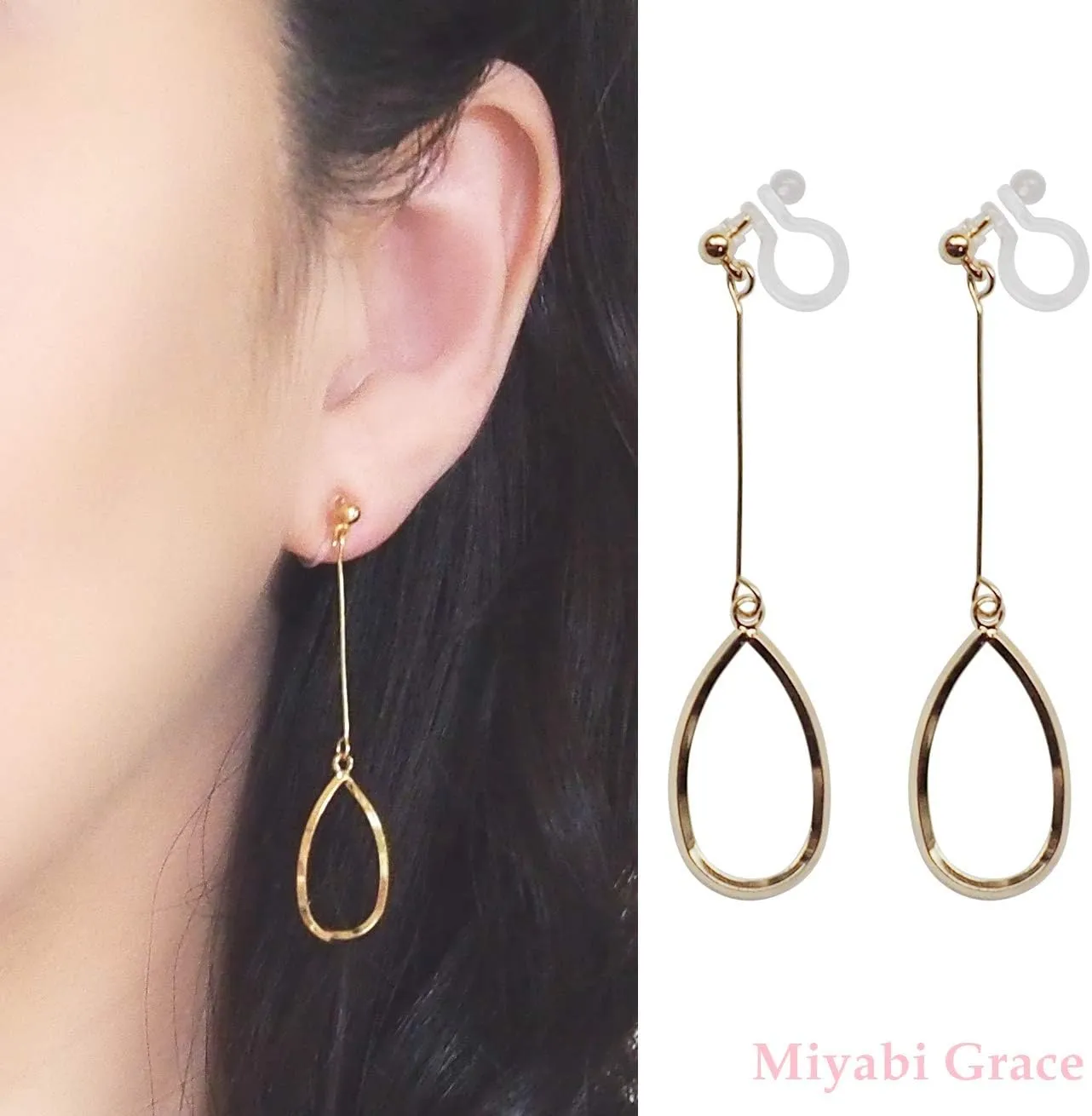 Silver Dangle Invisible Clip On Earrings for Women Not Pierced Comfortable Gold Long Chain Triangle Fringe Hoop Clip On Earrings Miyabi Grace