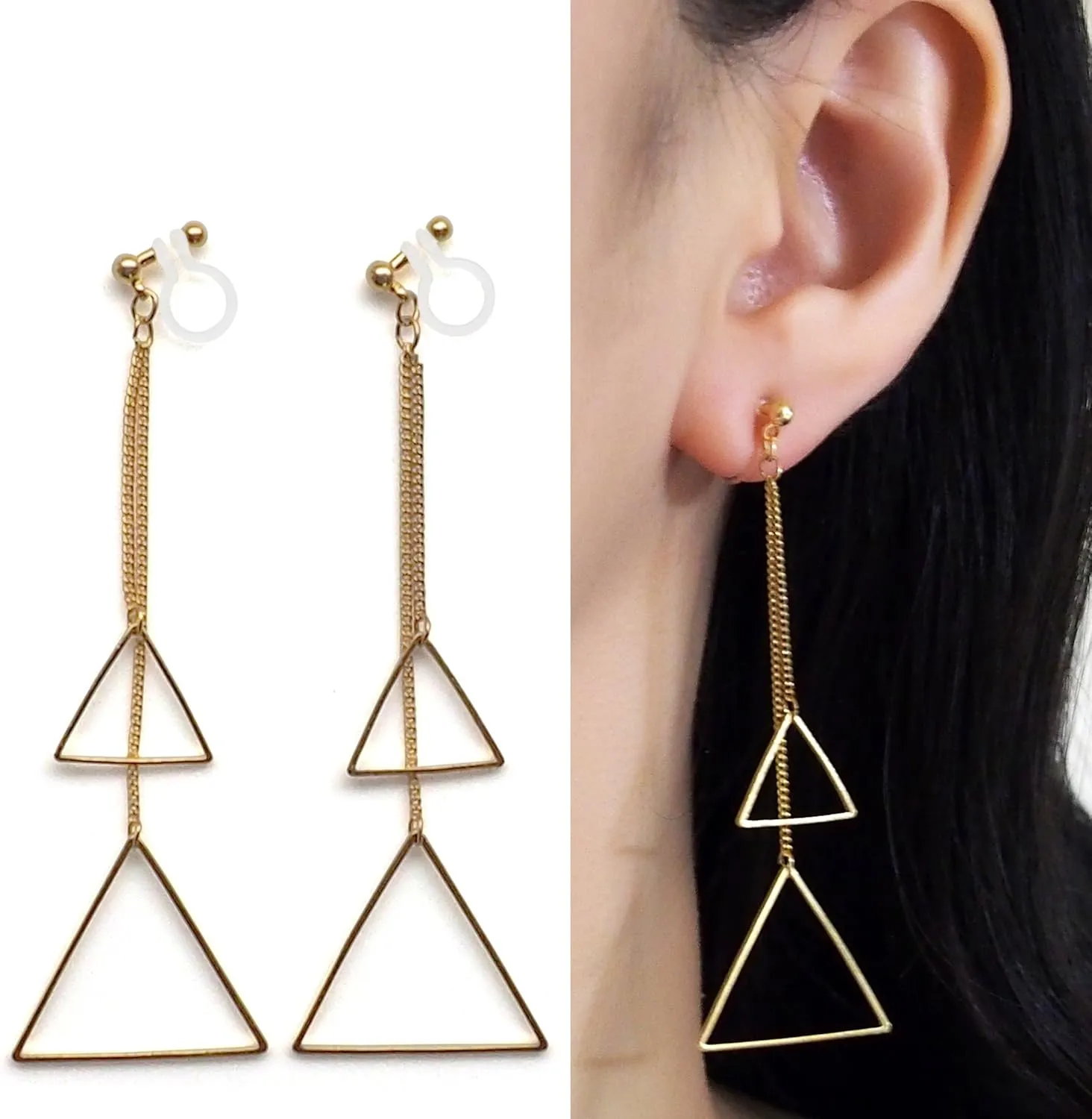 Silver Dangle Invisible Clip On Earrings for Women Not Pierced Comfortable Gold Long Chain Triangle Fringe Hoop Clip On Earrings Miyabi Grace