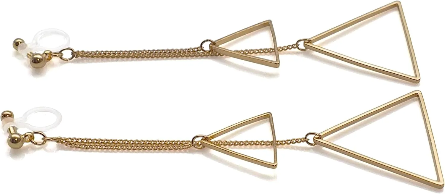 Silver Dangle Invisible Clip On Earrings for Women Not Pierced Comfortable Gold Long Chain Triangle Fringe Hoop Clip On Earrings Miyabi Grace