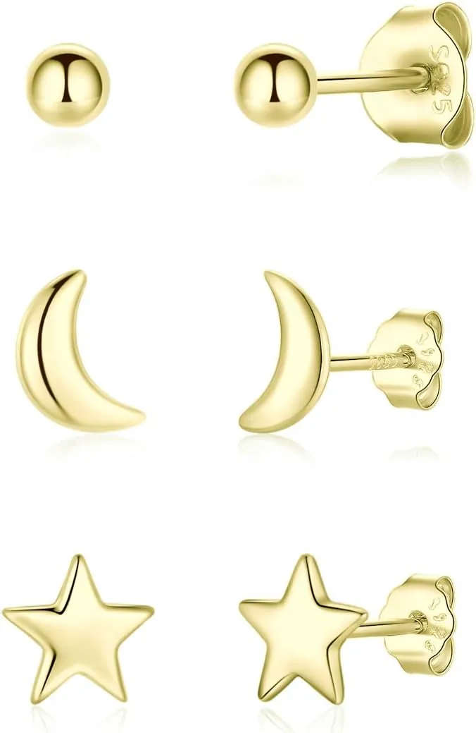 Silver Stud Earrings for Women, 3 Pairs Cute Round Ball Star Moon Stud Earrings Set