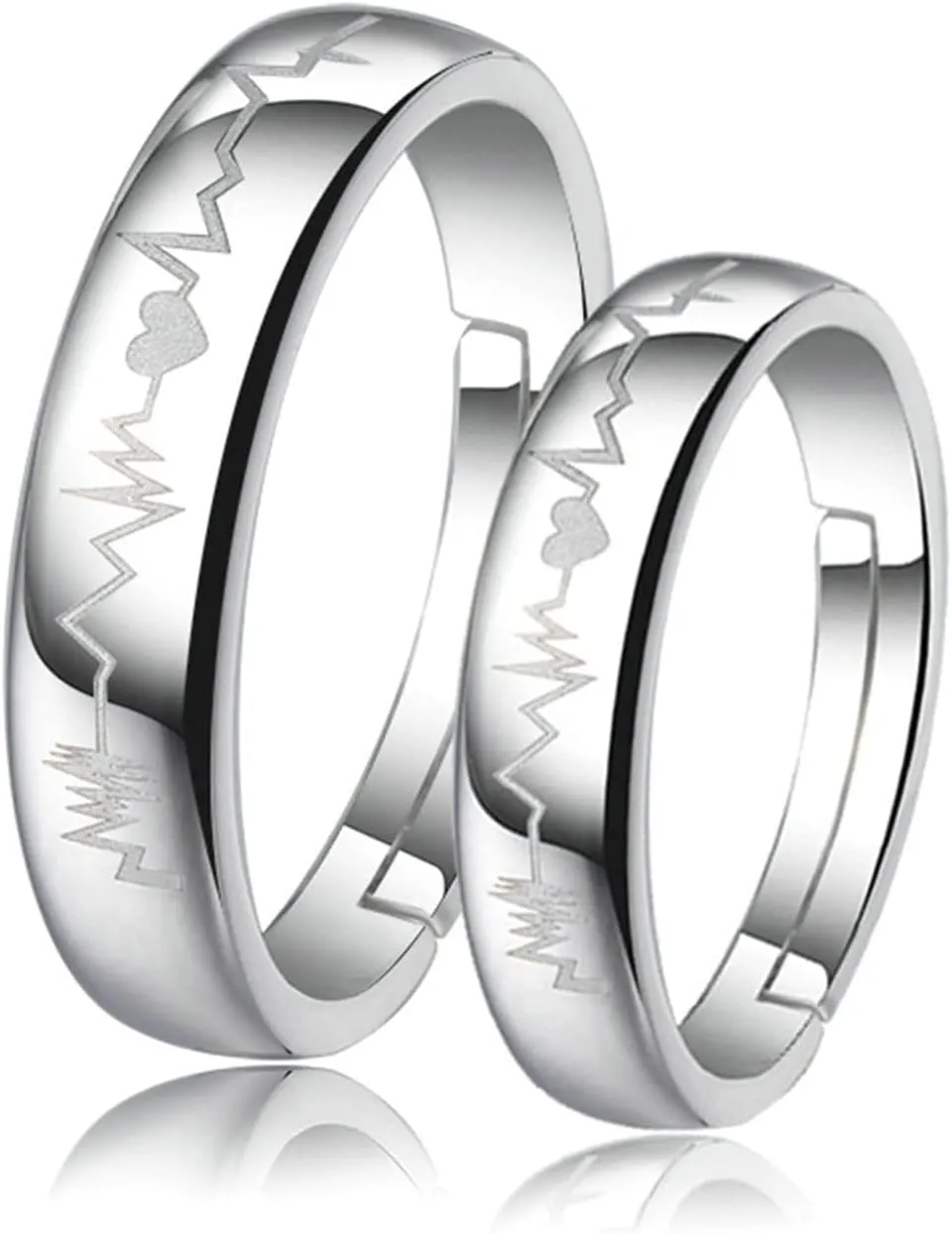 Silver Wedding Band Adjustable, Sterling Silver Promise Rings with Heartbeat Couple Adjustable Band Jewelry Gift