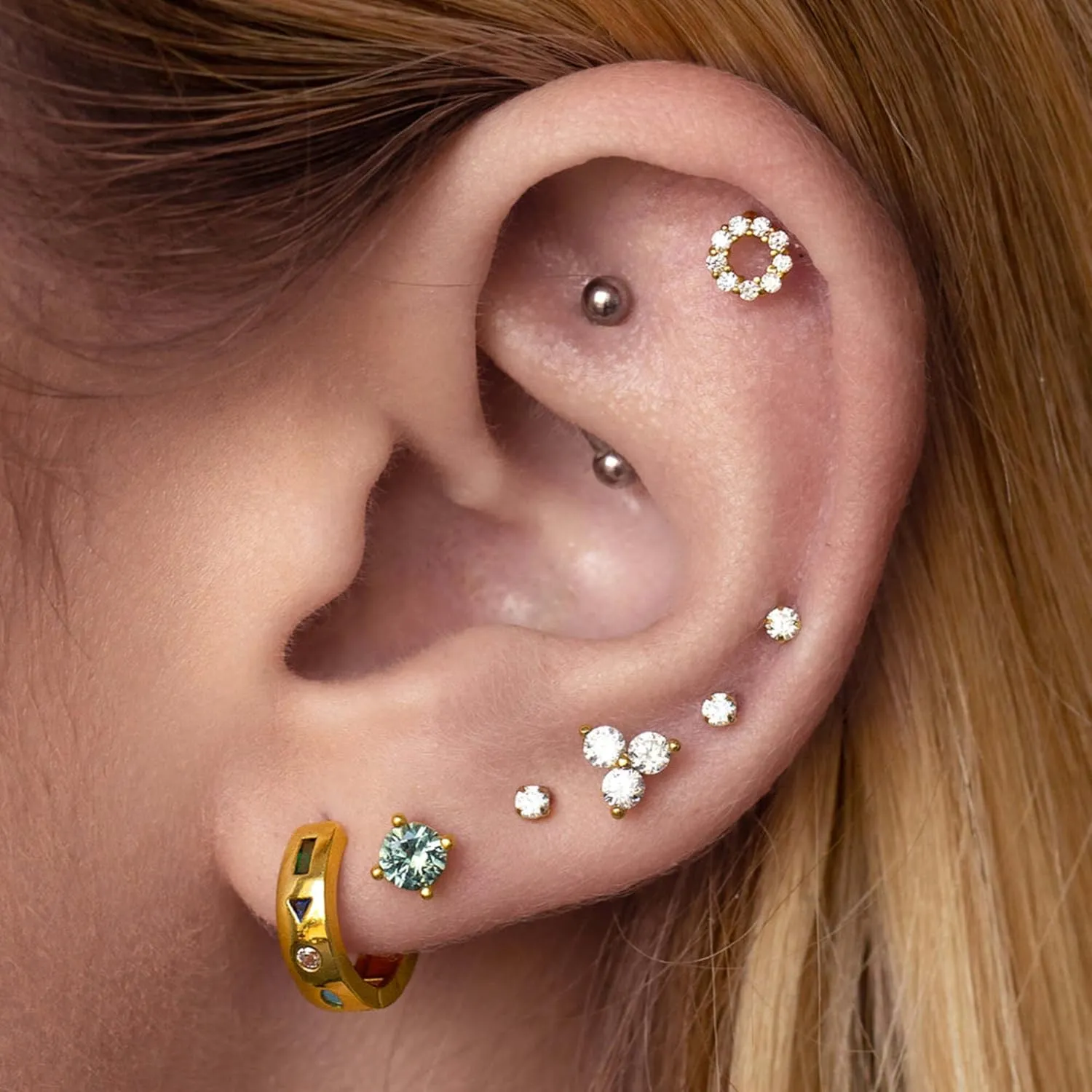 Simple Three Diamond (0.22ct) Cluster Earring, 14K Gold Trio Tiny Sin Stud Earrings, Tiny Diamond Stud, Triangle Cartilage Stud Earring, Gift For Her