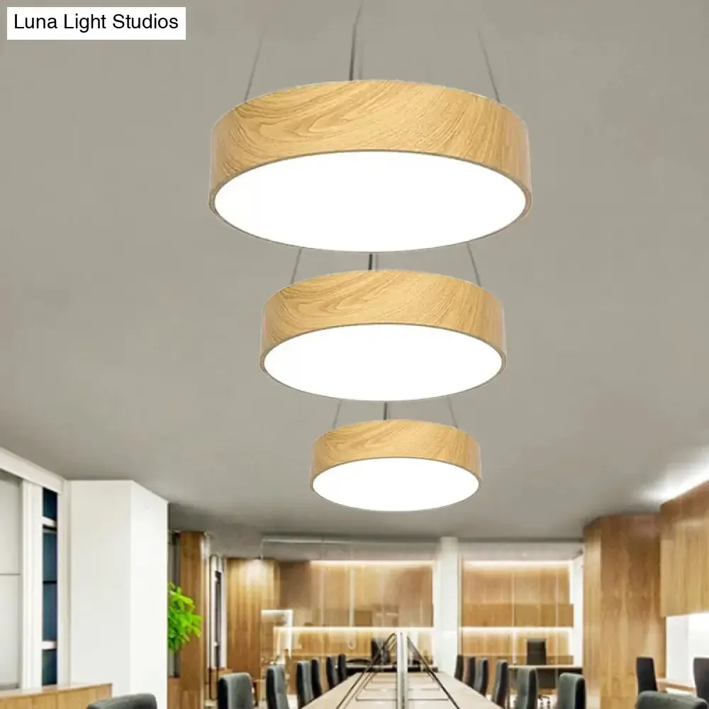 Simplicity LED Suspension Light with Wood Effect Shade, Beige Hanging Lamp - 16"/19.5"/23.5" Wide