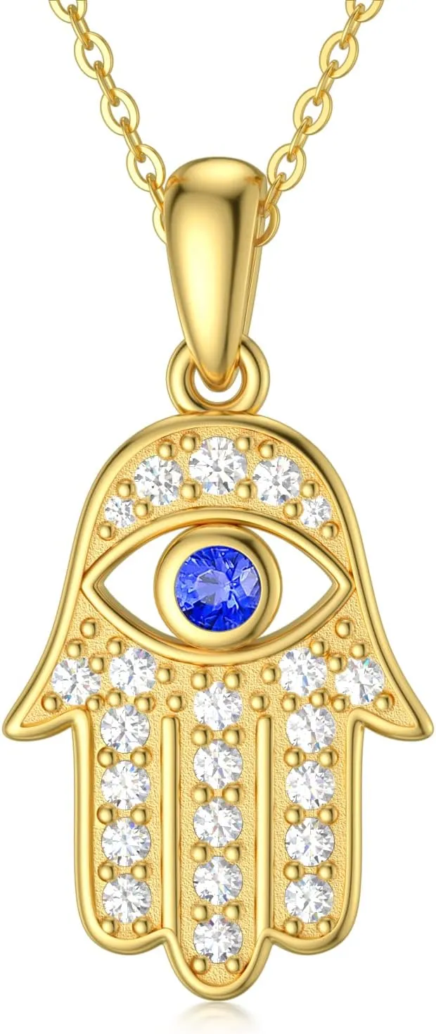 SISGEM Solid 14K Gold Evil Eye Necklace, Real Gold Fatima Hamsa Hand Pendant Necklace Fine Jewelry Anniversary Birthday Gifts for Her, Wife, Mom, 16'' 2''