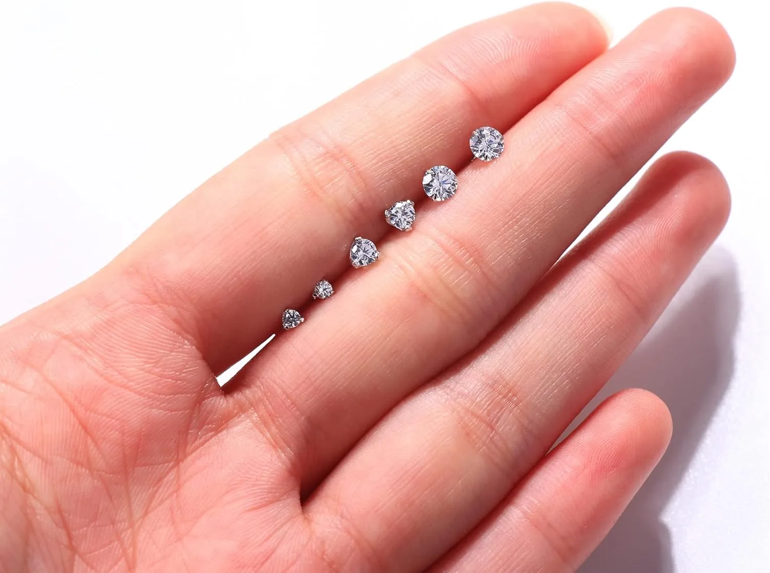 Sllaiss 3 Pairs 5A Cubic Zirconia Earrings Studs 925 Sterling Silver 3 4 Prong Round CZ Cartilage Earrings Stud White Gold Plated CZ Stud Earrings For Women Men 2mm 3mm 4mm