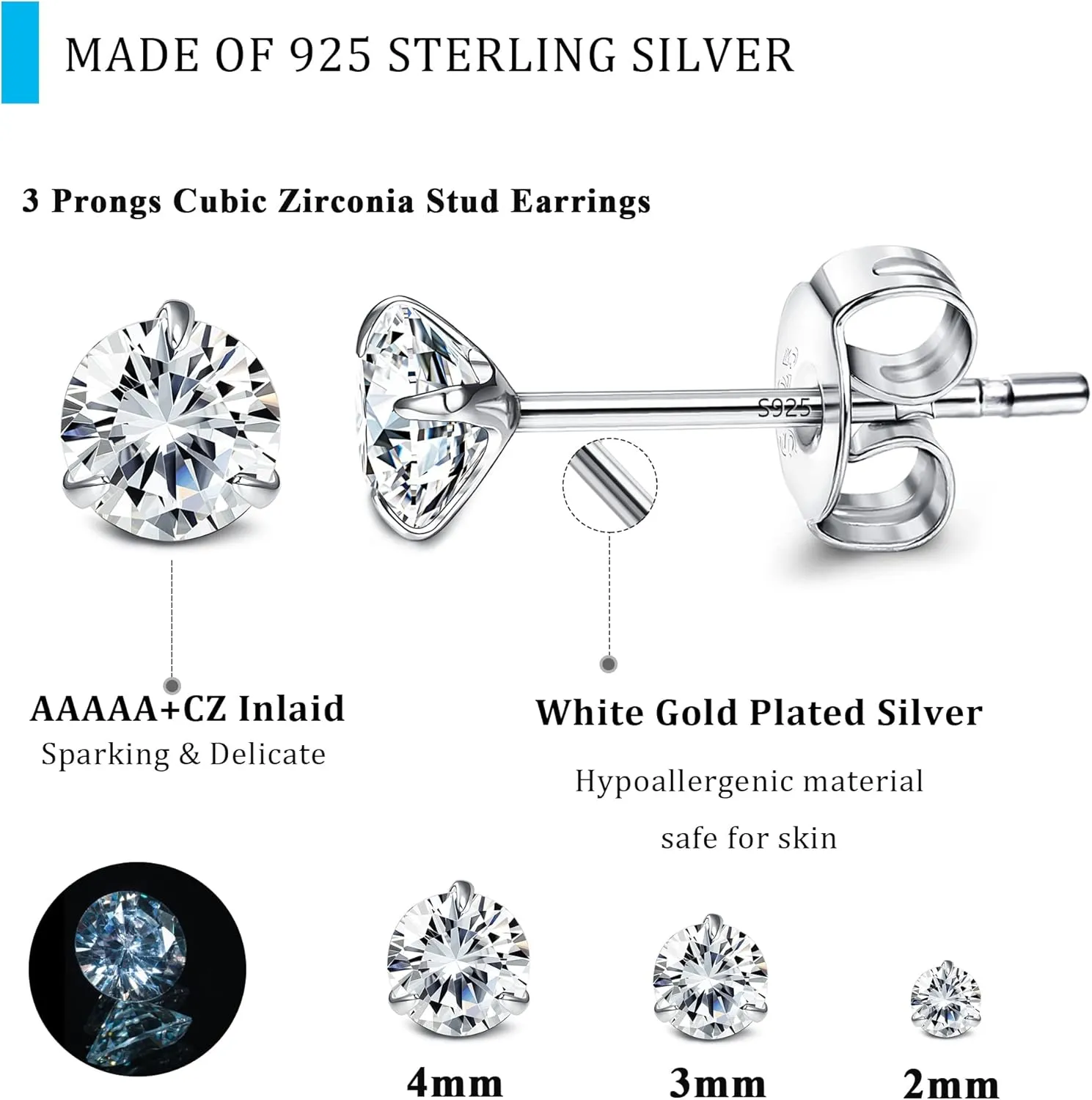 Sllaiss 3 Pairs 5A Cubic Zirconia Earrings Studs 925 Sterling Silver 3 4 Prong Round CZ Cartilage Earrings Stud White Gold Plated CZ Stud Earrings For Women Men 2mm 3mm 4mm
