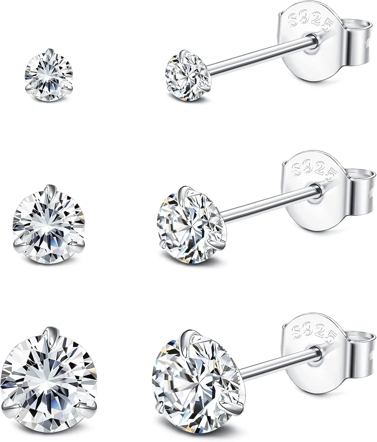 Sllaiss 3 Pairs 5A Cubic Zirconia Earrings Studs 925 Sterling Silver 3 4 Prong Round CZ Cartilage Earrings Stud White Gold Plated CZ Stud Earrings For Women Men 2mm 3mm 4mm