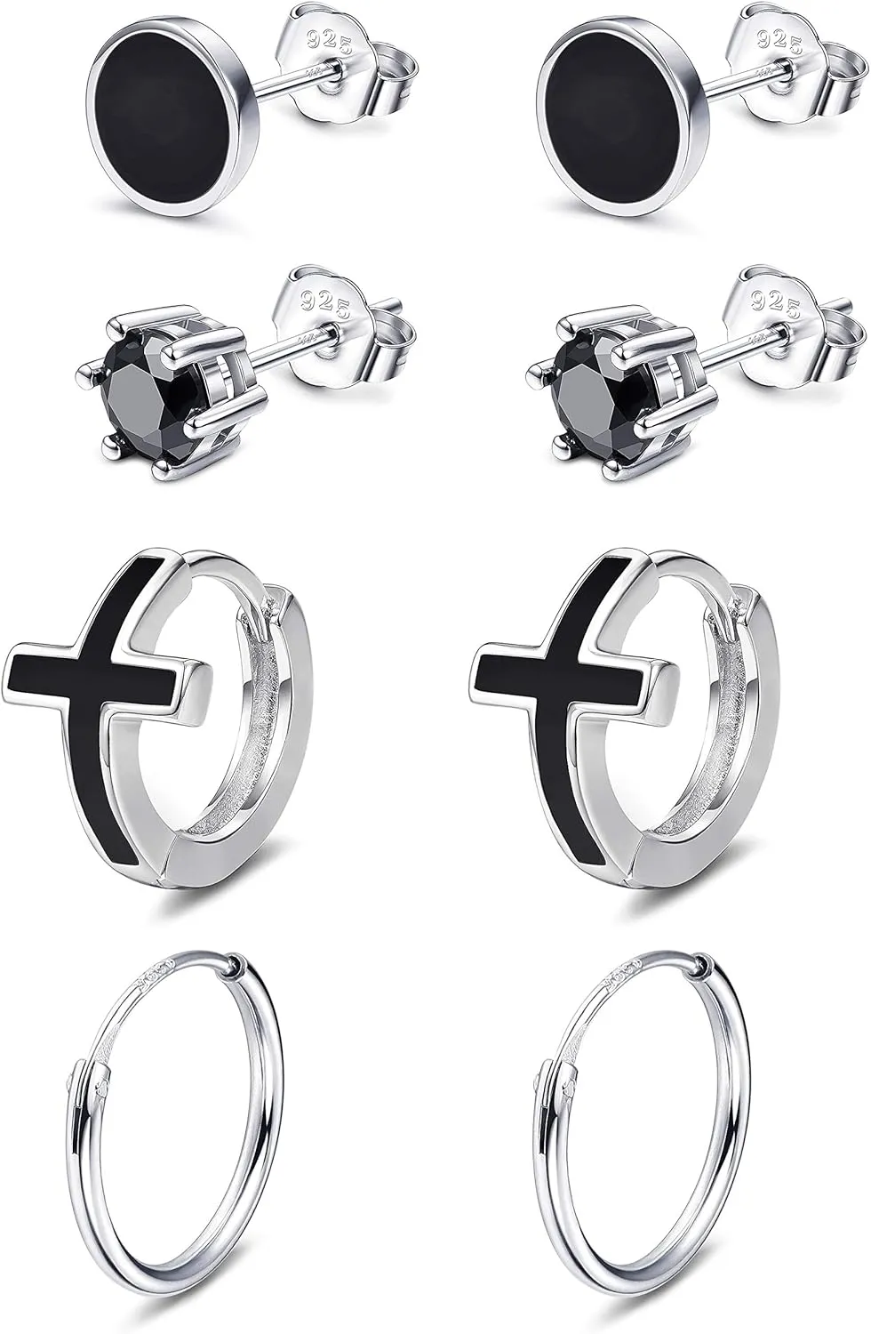 Sllaiss 4 Pairs 925 Sterling Silver Assorted Stud Earrings Set Multiple Black Cartilage Hoop Earrings Tiny Dot Cubic Zirconia Stud Earrings for Women Men