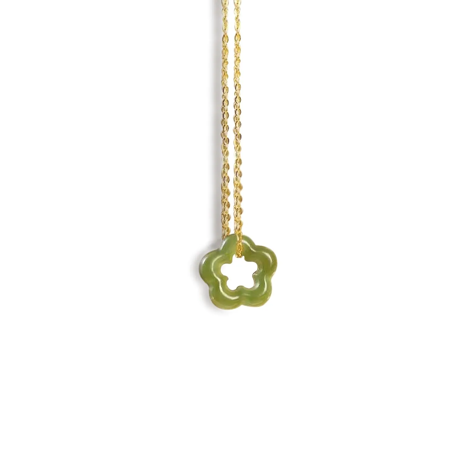 SofiaCreations Genuine Green Hetian Jade Floral Flower Shaped Pendant 18K Gold Dainty Cahin Necklace, Healing Protection Strength Reiki Spiritual Energy Necklace, Adjustable Necklace (Dark Green)