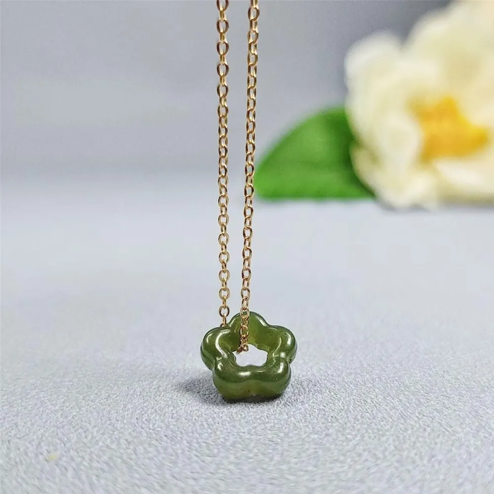 SofiaCreations Genuine Green Hetian Jade Floral Flower Shaped Pendant 18K Gold Dainty Cahin Necklace, Healing Protection Strength Reiki Spiritual Energy Necklace, Adjustable Necklace (Dark Green)