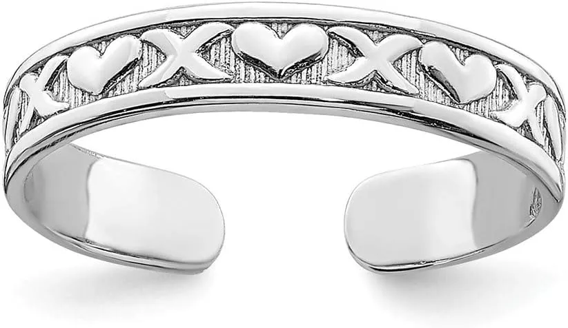 Solid 14k White Gold Small X and Hearts Adjustable Toe Ring Adjustable