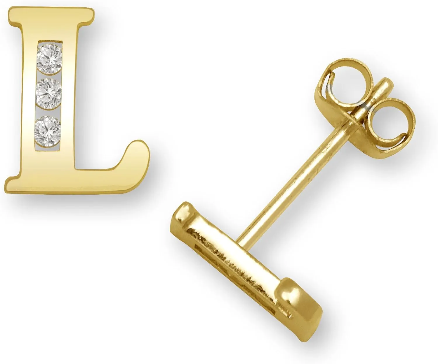 Solid 14k Yellow Gold Channel-set (A-Z) Cubic Zirconia Initial Stud Earrings - Personalized Earrings - Alphabet Earrings - Hypoallergenic