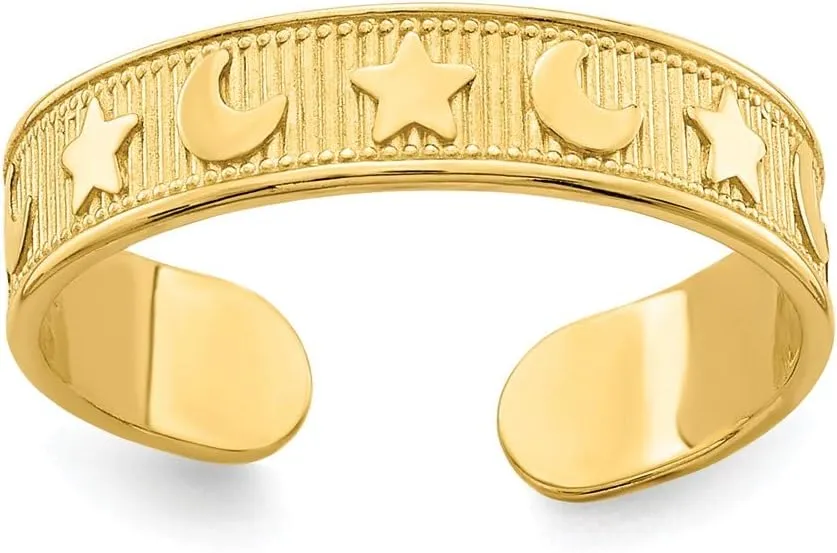 Solid 14k Yellow Gold Star and Moon Adjustable Toe Ring Adjustable