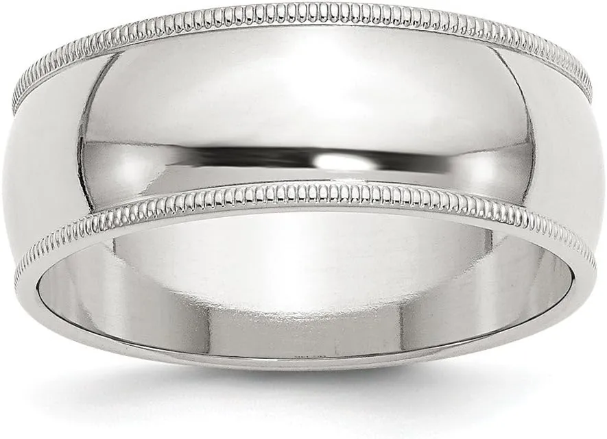 Solid 925 Sterling Silver 8mm Men's Plain Classic Dome Milgrain Wedding Band Ring