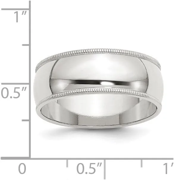 Solid 925 Sterling Silver 8mm Men's Plain Classic Dome Milgrain Wedding Band Ring