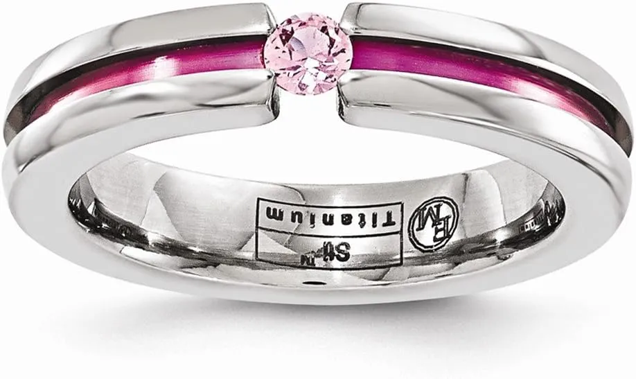 Solid Titanium Pink Sapphire and Anodized Grooved 4mm Wedding Band Ring