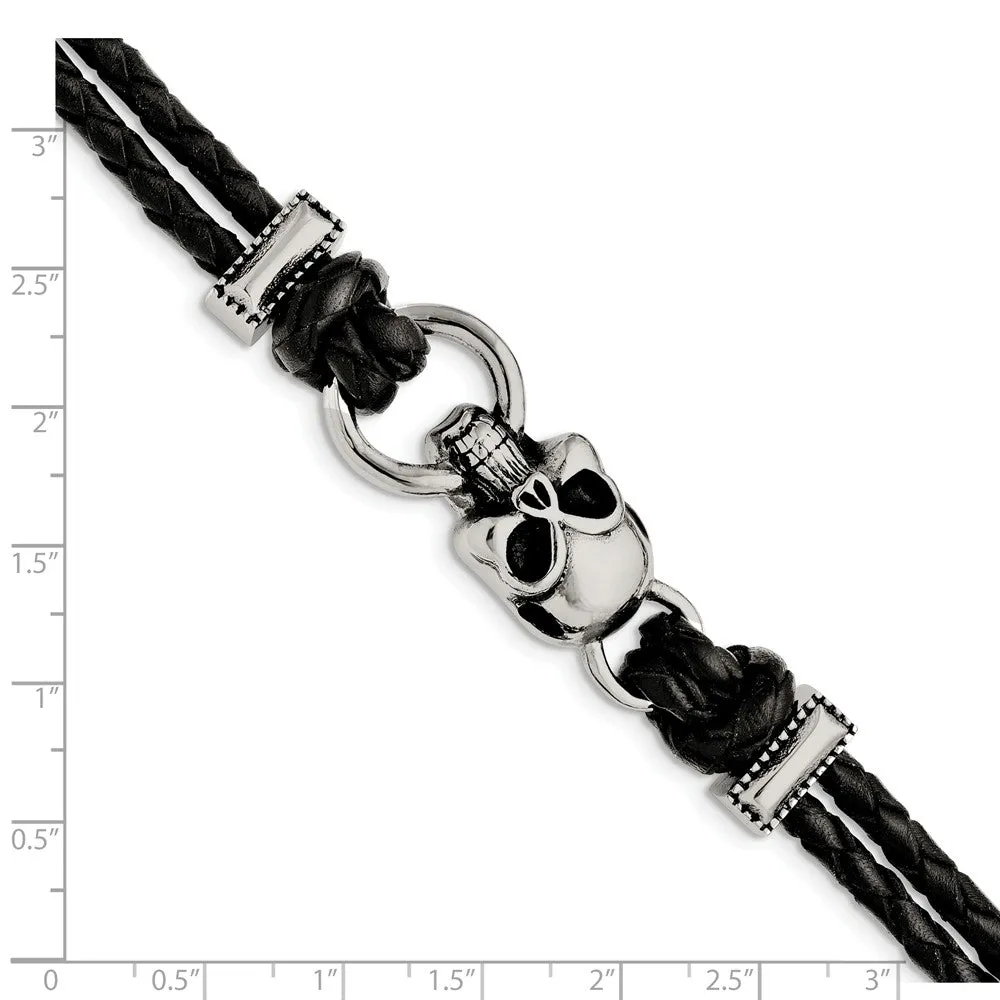 Stainless Steel Antiqued Skull with Crosses Leather Bracelet