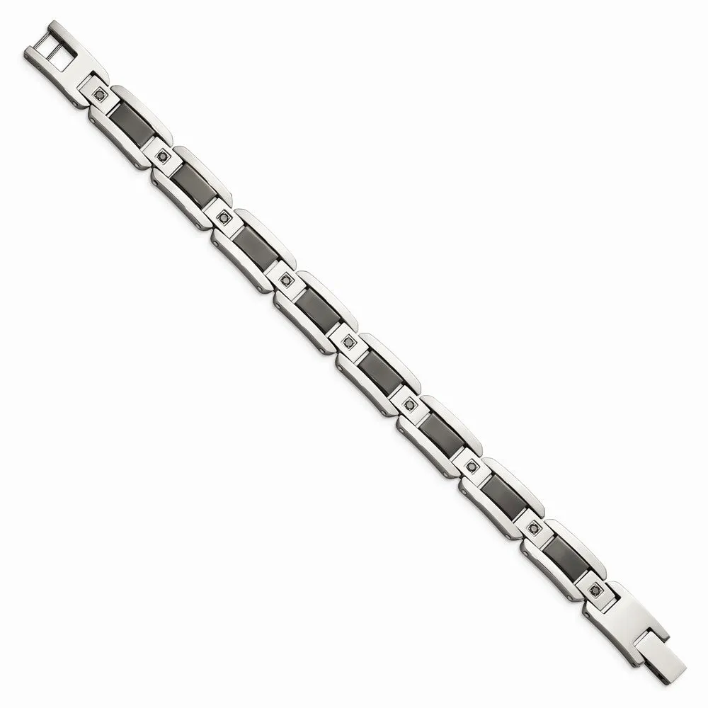Stainless Steel Black Enamel & Black Diamonds 8.75in Bracelet