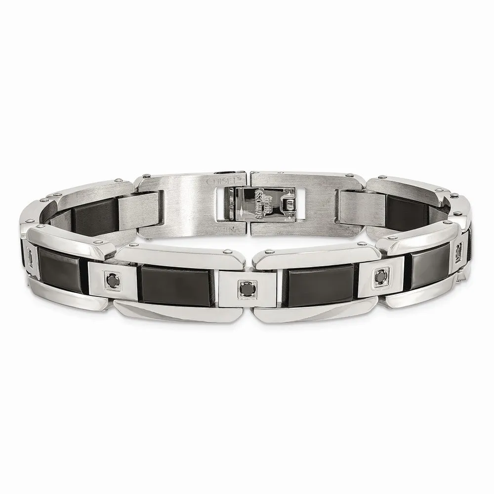 Stainless Steel Black Enamel & Black Diamonds 8.75in Bracelet