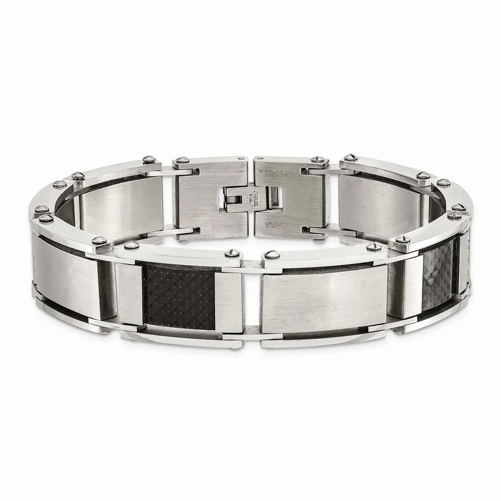 Stainless Steel Brushed & Polished Black Carbon Fiber Inlay 8.75in Bracelet