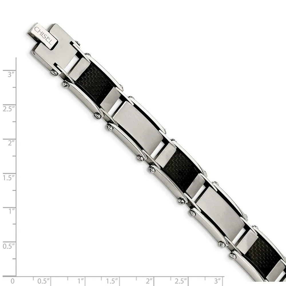 Stainless Steel Brushed & Polished Black Carbon Fiber Inlay 8.75in Bracelet