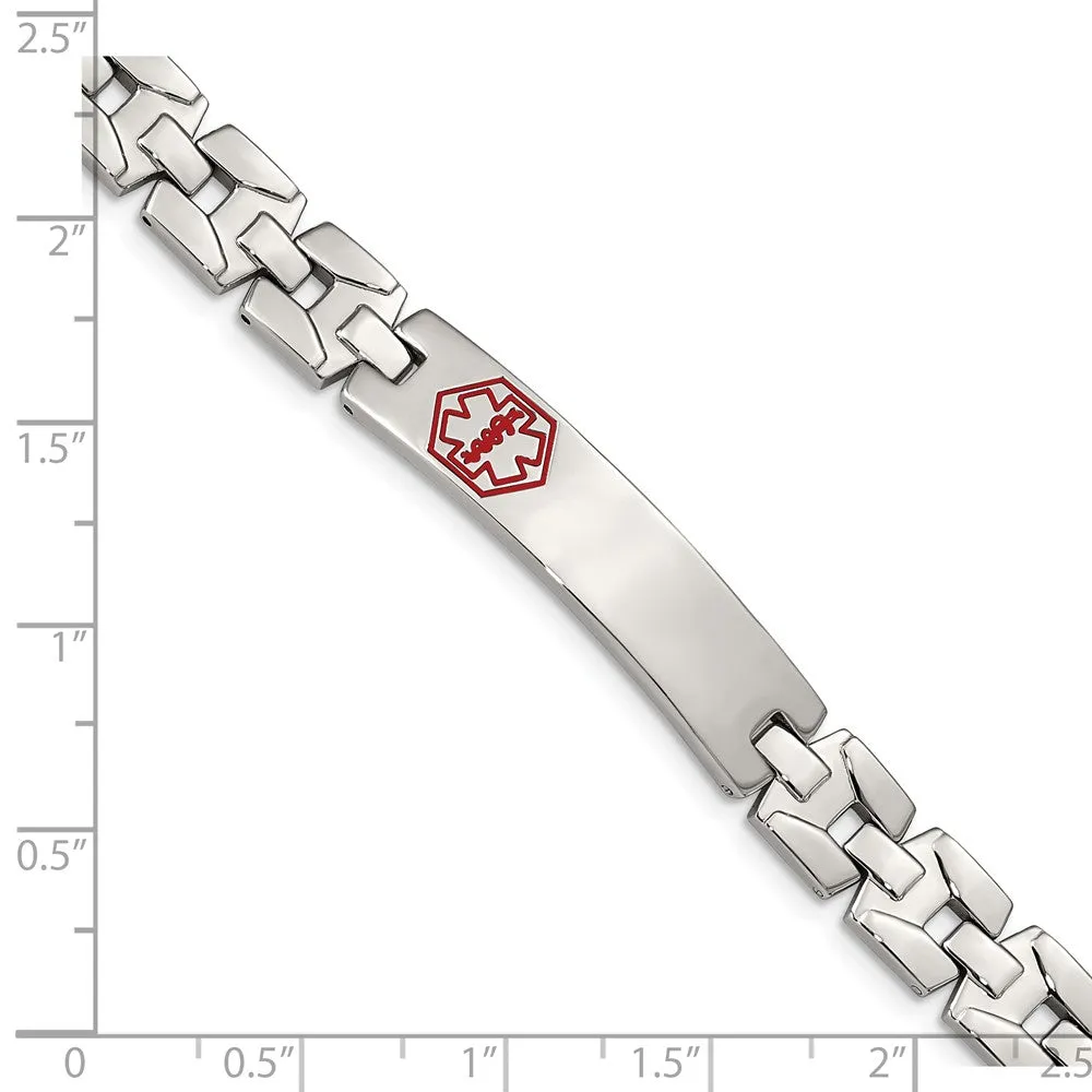 Stainless Steel Brushed & Polished Red Enamel 8in Medical Bracelet