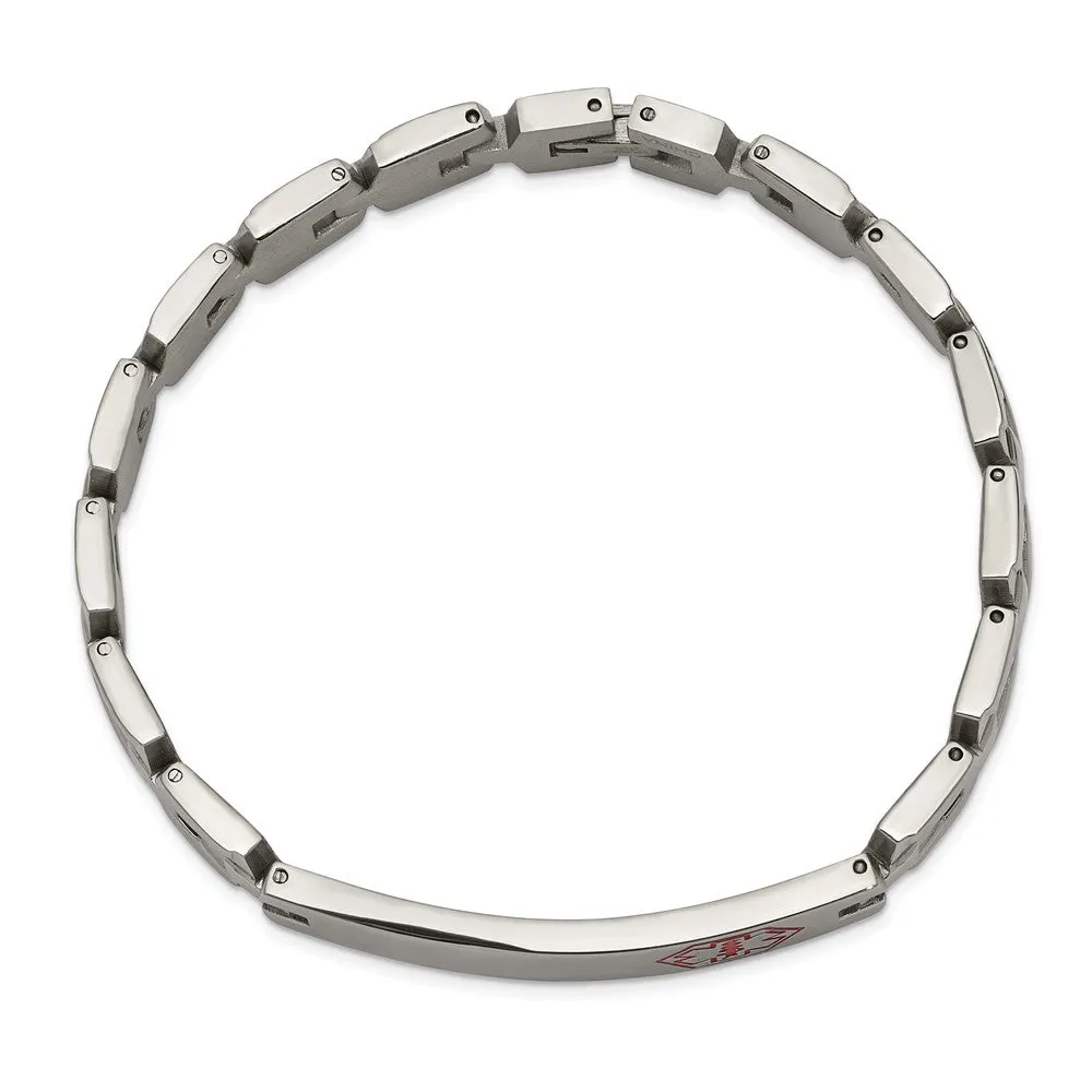 Stainless Steel Brushed & Polished Red Enamel 8in Medical Bracelet