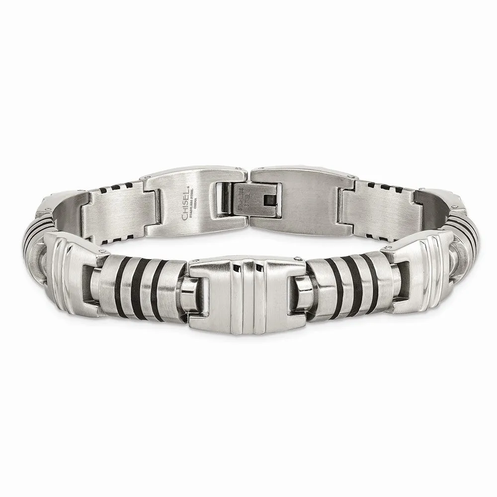 Stainless Steel Brushed and Polished Black Enamel Link Bracelet