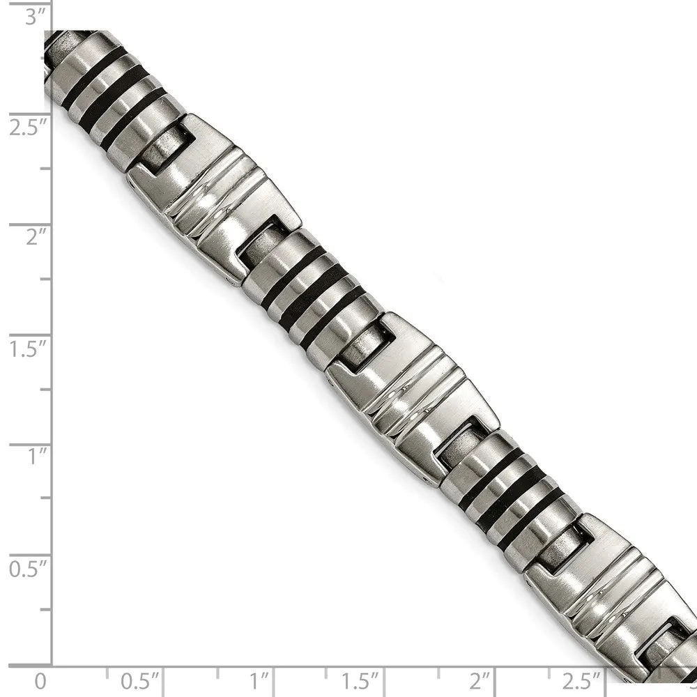 Stainless Steel Brushed and Polished Black Enamel Link Bracelet