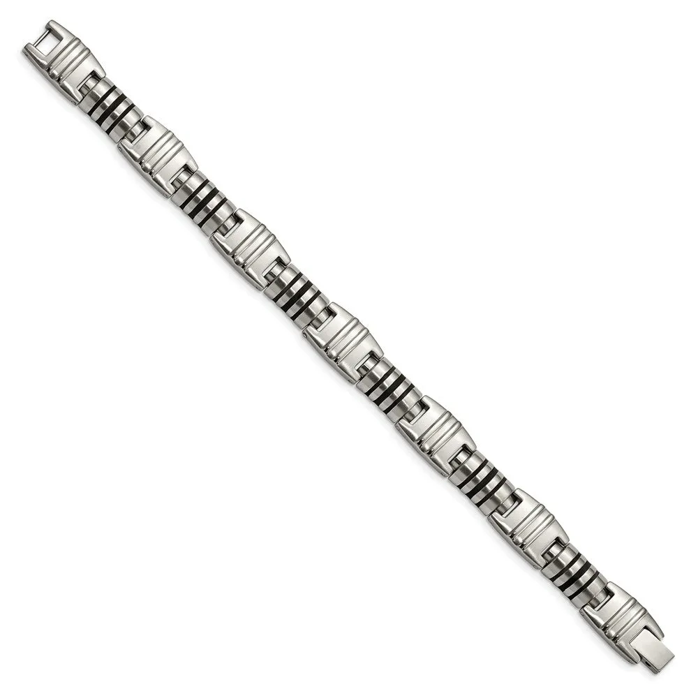 Stainless Steel Brushed and Polished Black Enamel Link Bracelet