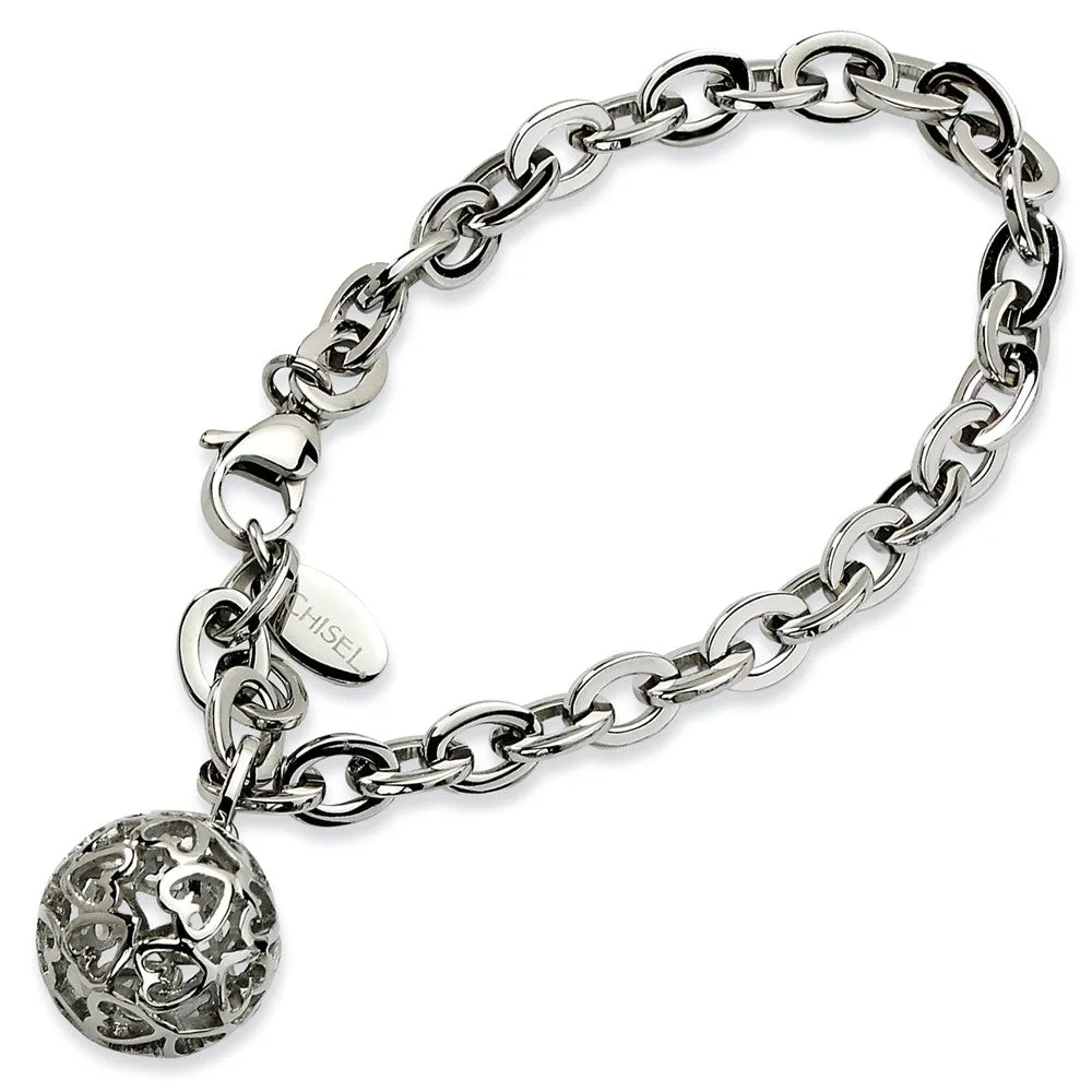 Stainless Steel Heart Cutouts Puffed Circle 8in Bracelet