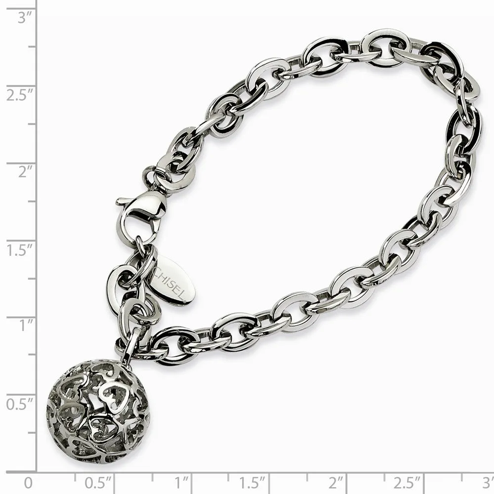 Stainless Steel Heart Cutouts Puffed Circle 8in Bracelet