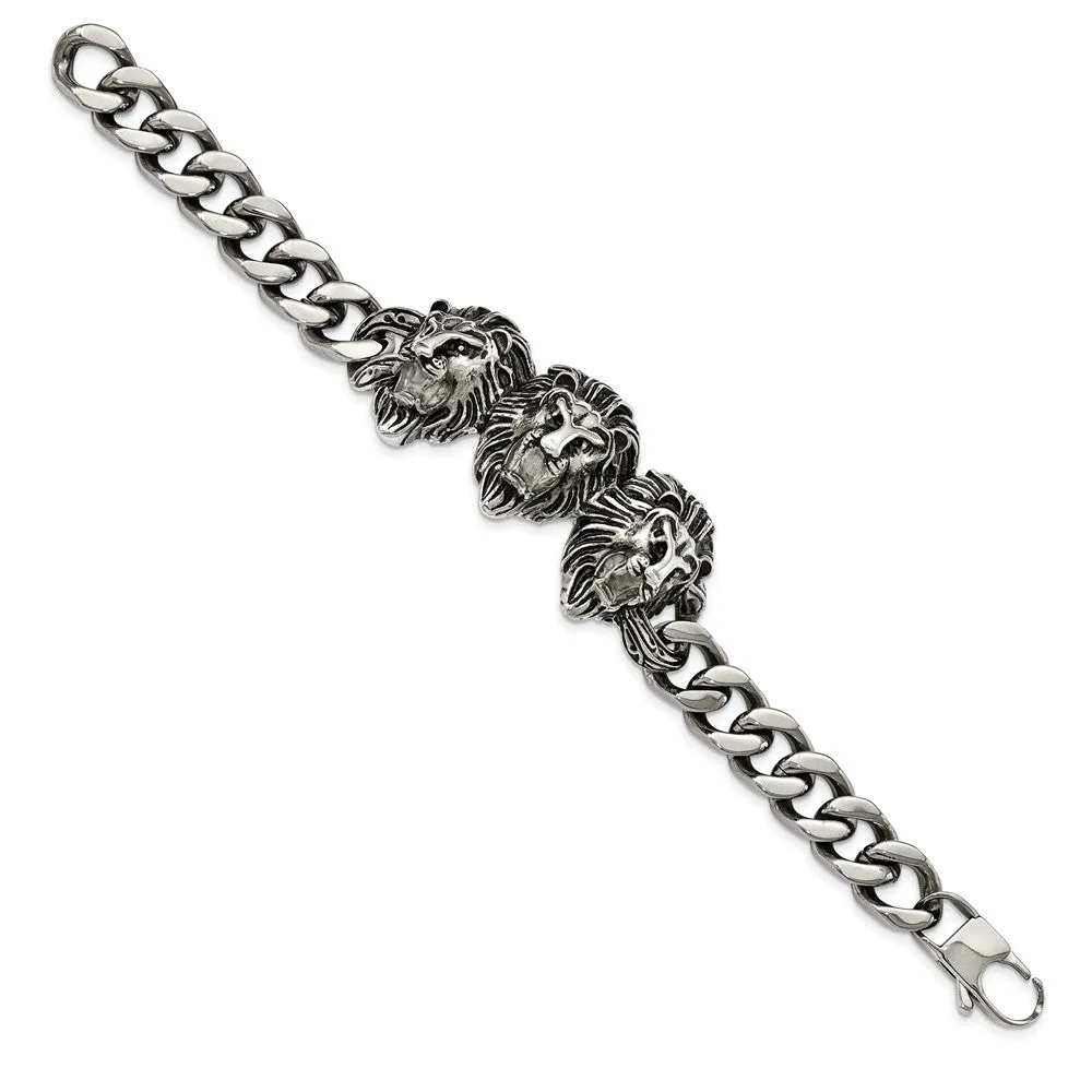 Stainless Steel Polished Antiqued Lion Head Bracelet