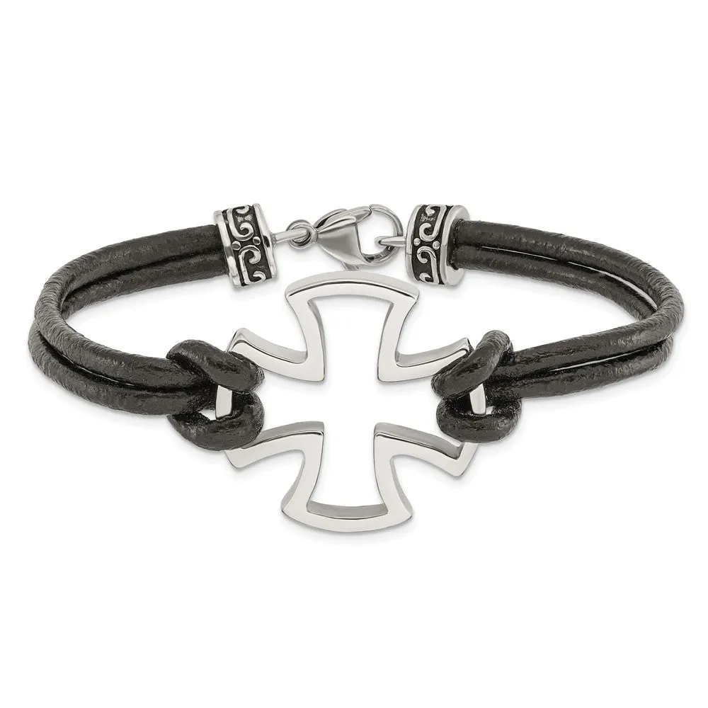 Stainless Steel Polished Cross Black Leather Bracelet