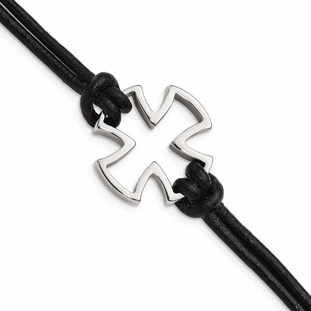 Stainless Steel Polished Cross Black Leather Bracelet