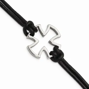 Stainless Steel Polished Cross Black Leather Bracelet