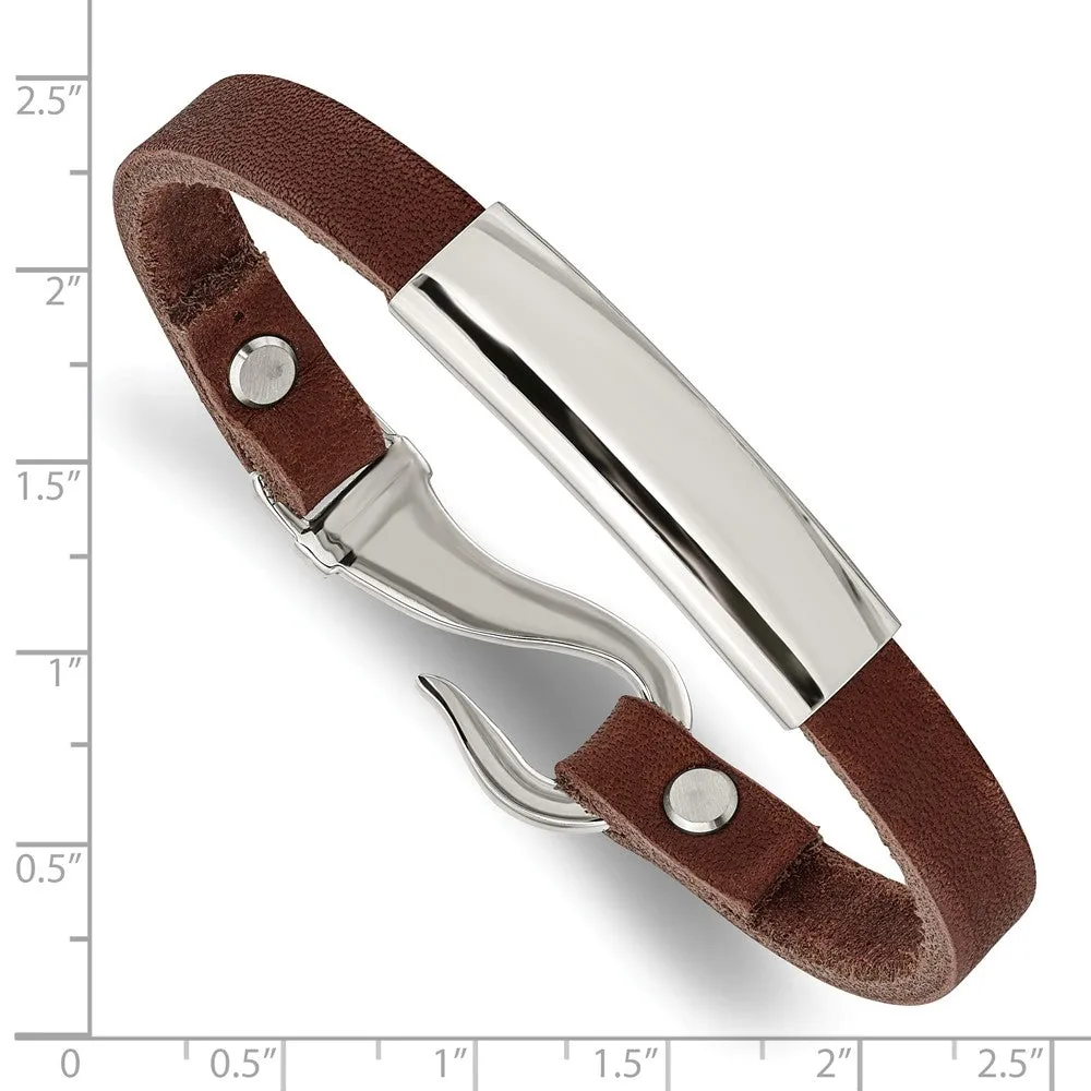 Stainless Steel Polished ID Brown Leather Bracelet