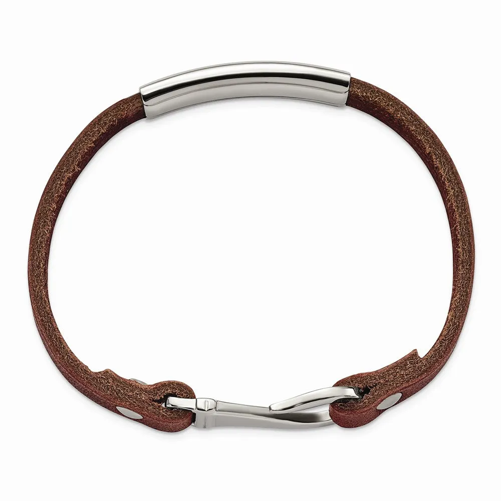 Stainless Steel Polished ID Brown Leather Bracelet
