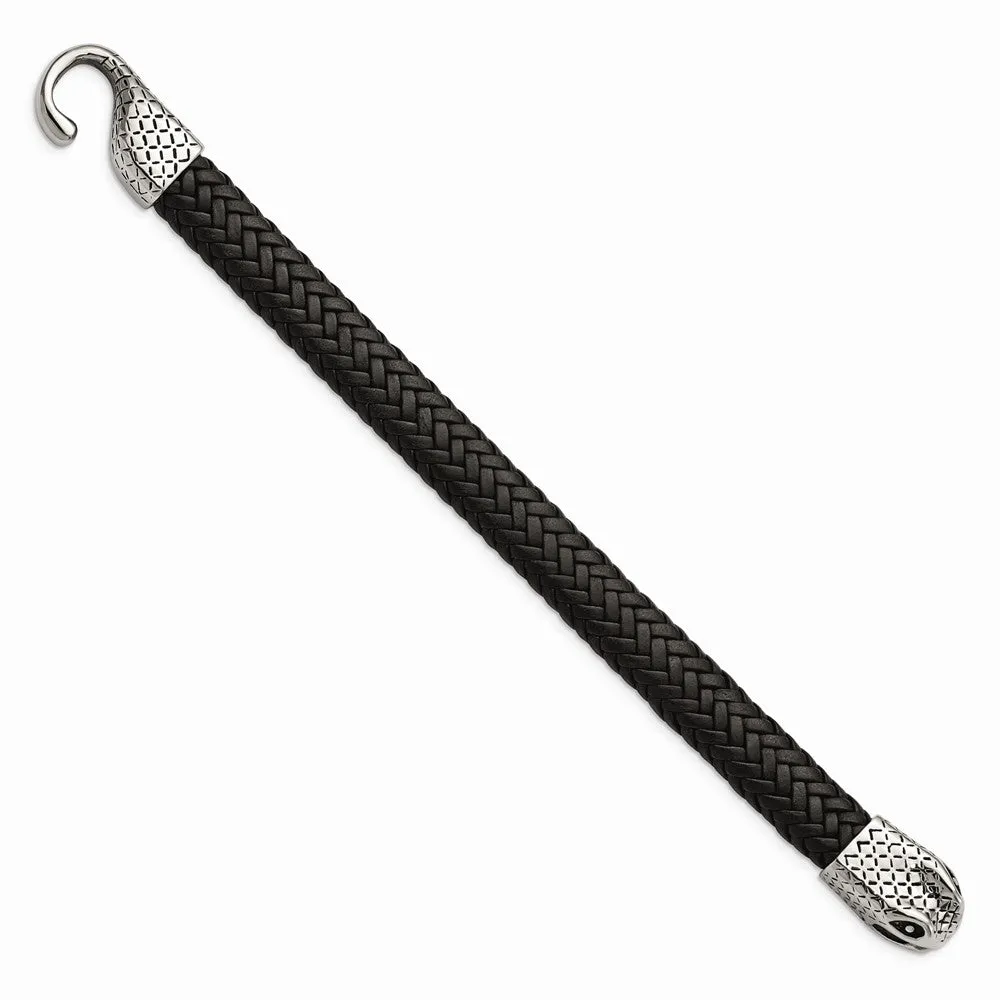 Stainless Steel Polished Leather Strap Snake Bracelet