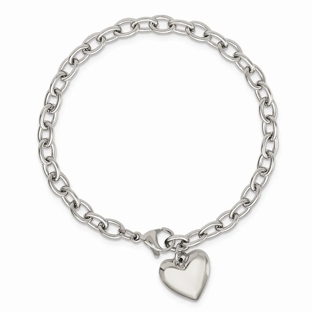Stainless Steel Polished Open Link w/ Heart 8.5in Bracelet